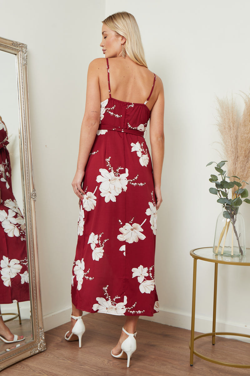 Cami Wrap Midi Dress In Red Floral Print Lilura London