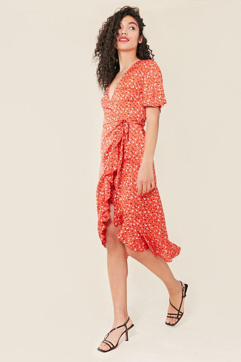Satin Wrap Frill Hem Midi Dress In Red Base Abstract Heart Print Lilura London