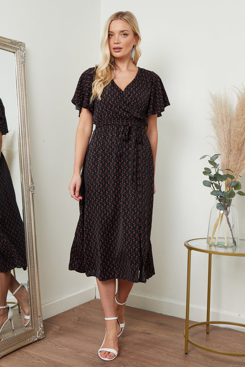 Image of a black floral print midi wrap dress with angel sleeves, designed by Lilura London