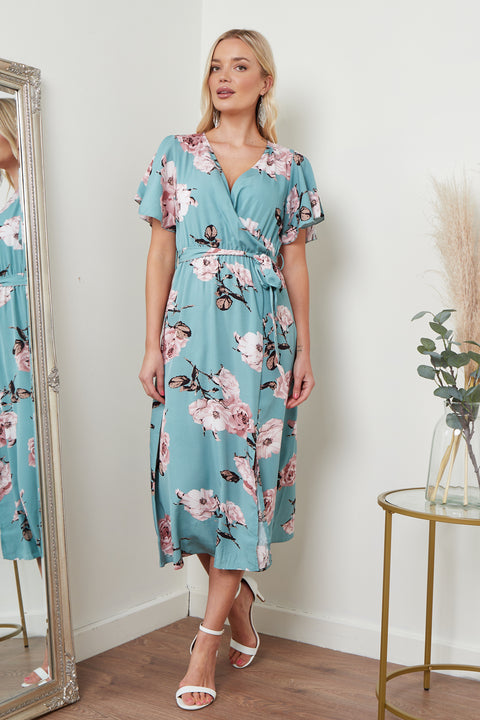 Image of Lilura London's Angel Sleeves Midi Wrap Dress in a vibrant green floral print