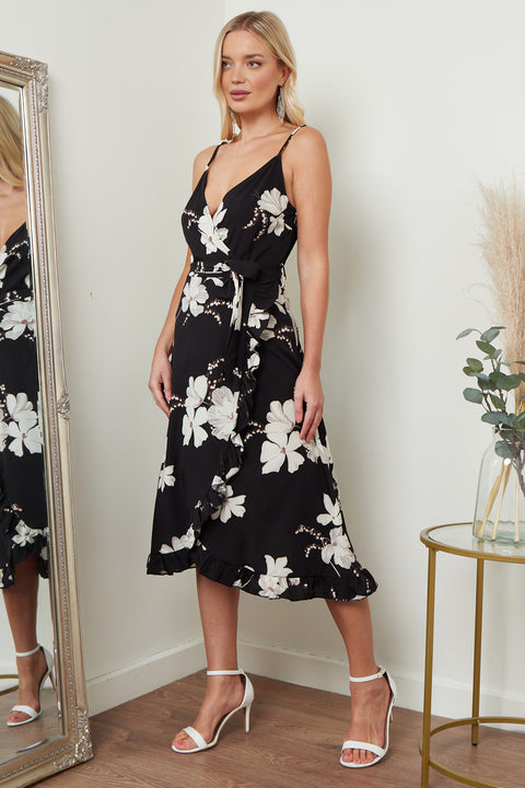 Image of Black Floral Print Cami Midi Dress from Lilura London