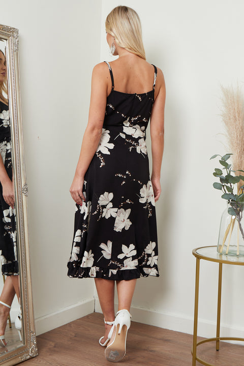 Image of Black Floral Print Cami Midi Dress from Lilura London