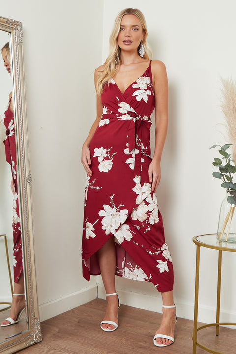 Image of Cami Wrap Midi Dress In Red Floral Print from Lilura London