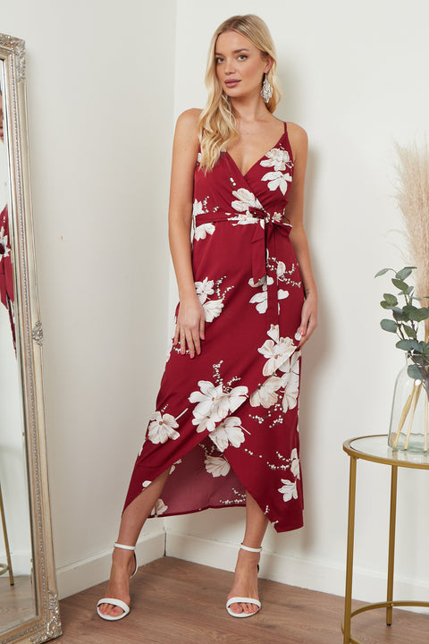 Image of Cami Wrap Midi Dress In Red Floral Print from Lilura London