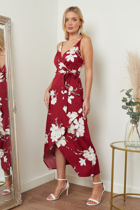 Image of Cami Wrap Midi Dress In Red Floral Print from Lilura London