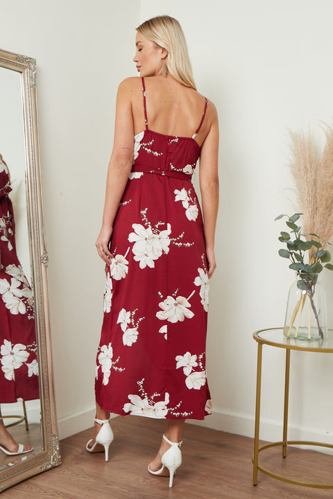 Image of Cami Wrap Midi Dress In Red Floral Print from Lilura London