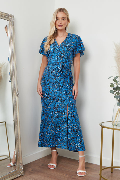 Image of a blue animal print wrap front maxi dress from Lilura London