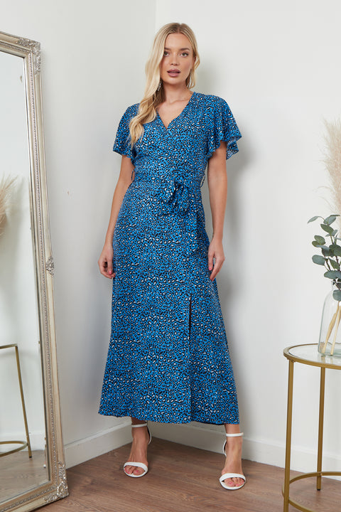 Image of a blue animal print wrap front maxi dress from Lilura London