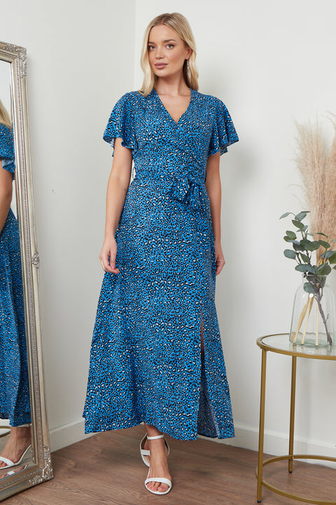 Image of a blue animal print wrap front maxi dress from Lilura London