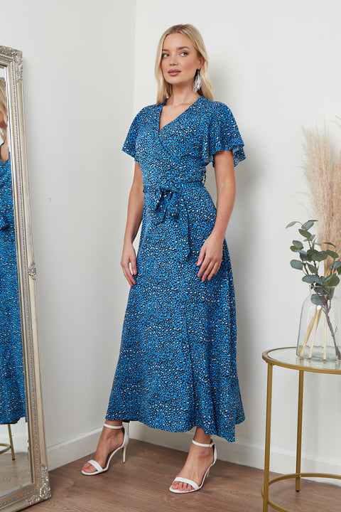 Image of a blue animal print wrap front maxi dress from Lilura London