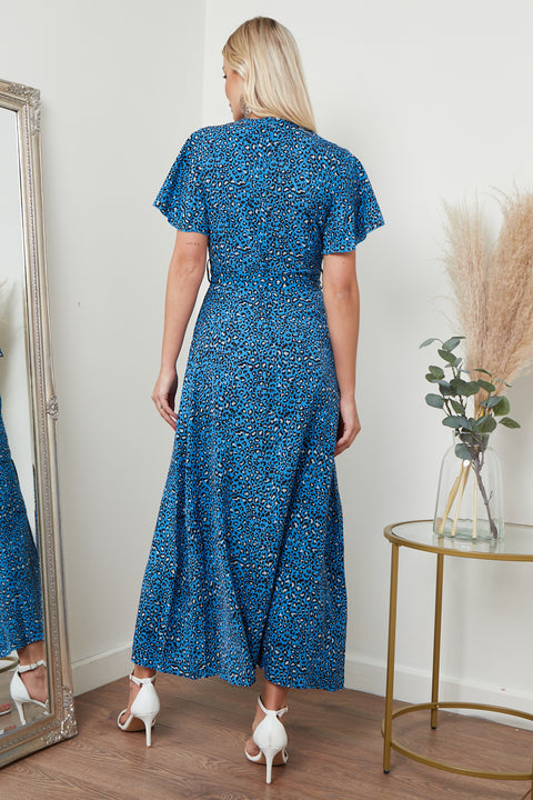 Image of a blue animal print wrap front maxi dress from Lilura London