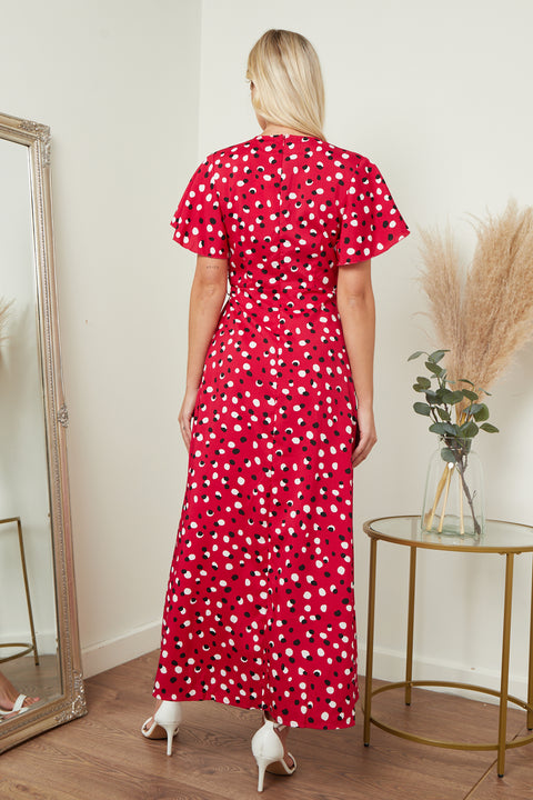 Red and black polka dot wrap front maxi dress from Lilura London