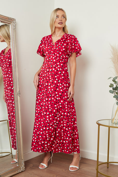 Red and black polka dot wrap front maxi dress from Lilura London