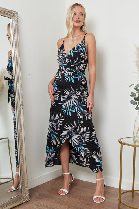 Image of Cami Wrap Midi Dress In Black Palm Print from Lilura London