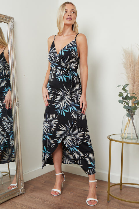 Image of Cami Wrap Midi Dress In Black Palm Print from Lilura London