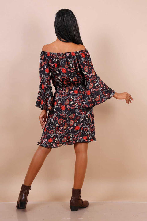 Bardot Mini Dress With Flute Sleeves In Black Floral Print - Lilura London