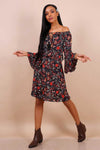 Bardot Mini Dress With Flute Sleeves In Black Floral Print - Lilura London