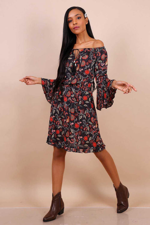 Bardot Mini Dress With Flute Sleeves In Black Floral Print - Lilura London