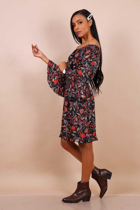 Bardot Mini Dress With Flute Sleeves In Black Floral Print - Lilura London