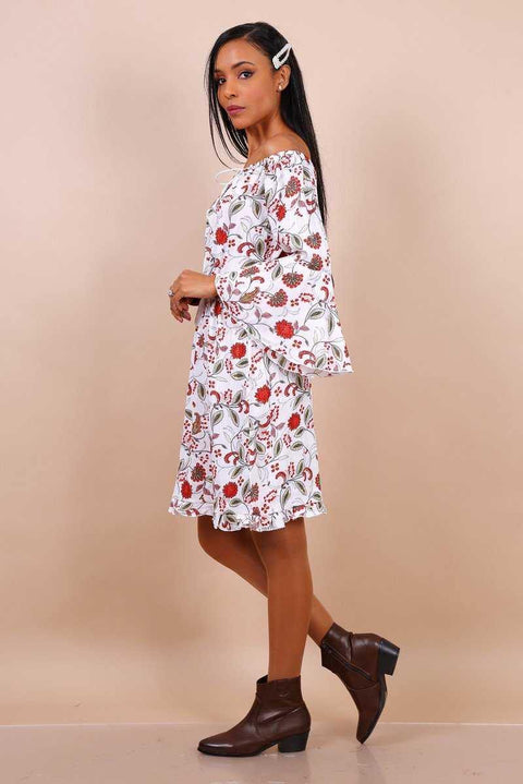 Bardot Mini Dress With Flute Sleeves In White Floral Print - Lilura London