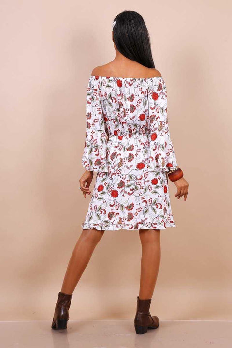Bardot Mini Dress With Flute Sleeves In White Floral Print - Lilura London