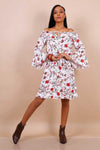 Bardot Mini Dress With Flute Sleeves In White Floral Print - Lilura London