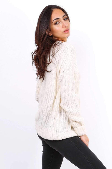 Beige Oversized Slouchy Jumper With Metallic Threads - Lilura London