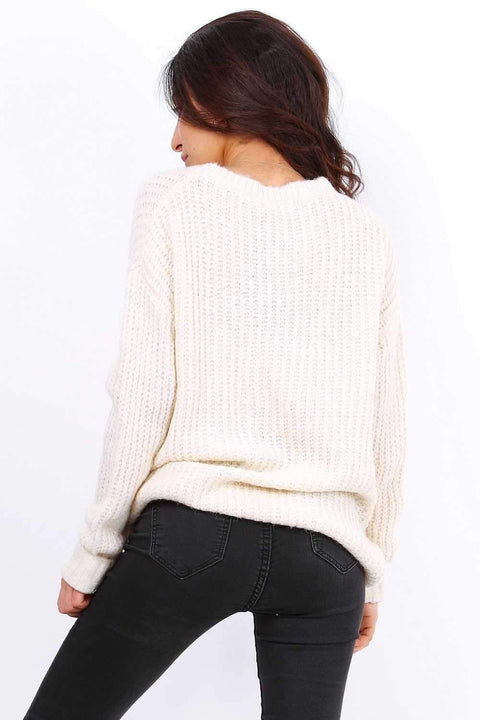 Beige Oversized Slouchy Jumper With Metallic Threads - Lilura London