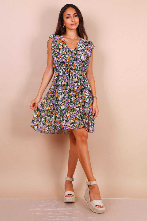 Black And Purple Floral Frill Mini Dress - Lilura London