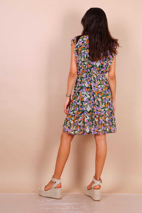 Black And Purple Floral Frill Mini Dress - Lilura London