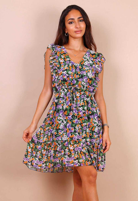 Black And Purple Floral Frill Mini Dress - Lilura London