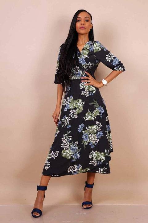 Black Floral Wrap Ruffle Hem Maxi Dress - Lilura London