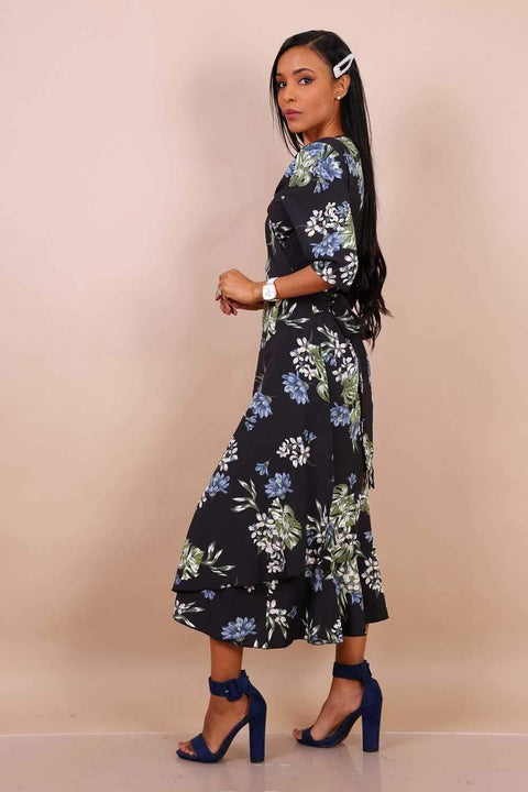 Black Floral Wrap Ruffle Hem Maxi Dress - Lilura London
