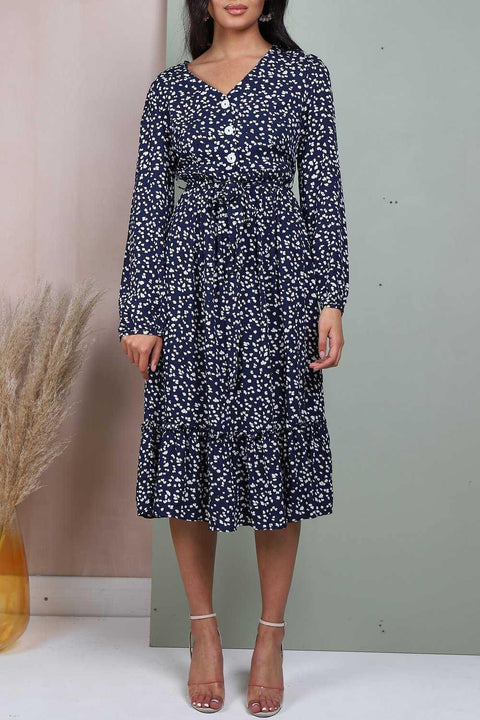 Button Front Belted Midi Dress In Navy Floral Print - Lilura London