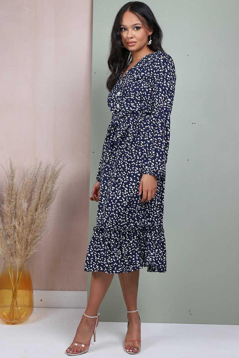 Button Front Belted Midi Dress In Navy Floral Print - Lilura London