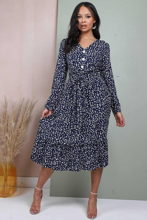 Button Front Belted Midi Dress In Navy Floral Print - Lilura London