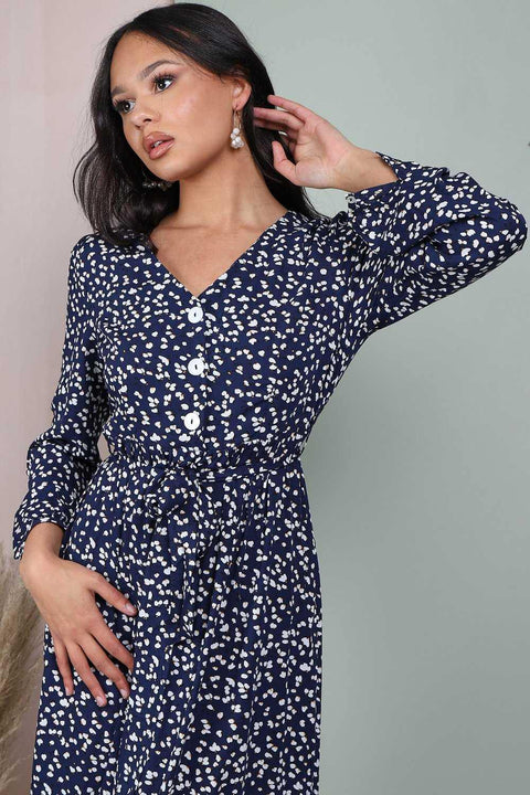 Button Front Belted Midi Dress In Navy Floral Print - Lilura London