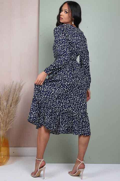 Button Front Belted Midi Dress In Navy Floral Print - Lilura London