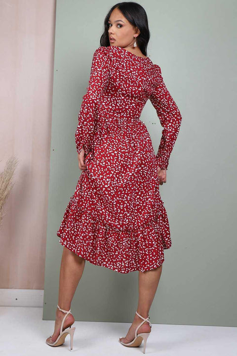 Button Front Belted Midi Dress In Red Floral Print - Lilura London
