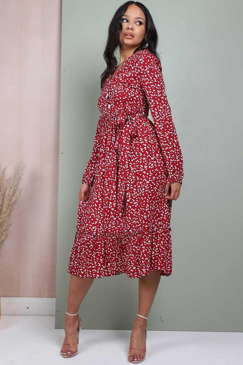 Button Front Belted Midi Dress In Red Floral Print - Lilura London