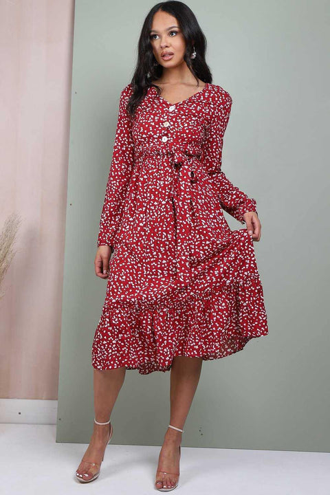 Button Front Belted Midi Dress In Red Floral Print - Lilura London