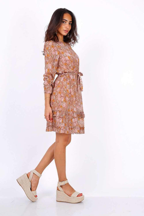 Camel Long Sleeve Mini Dress In Chiffon Paisley Print - Lilura London