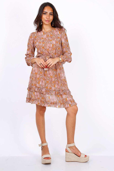 Camel Long Sleeve Mini Dress In Chiffon Paisley Print - Lilura London