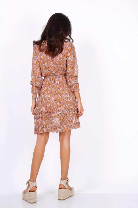 Camel Long Sleeve Mini Dress In Chiffon Paisley Print - Lilura London