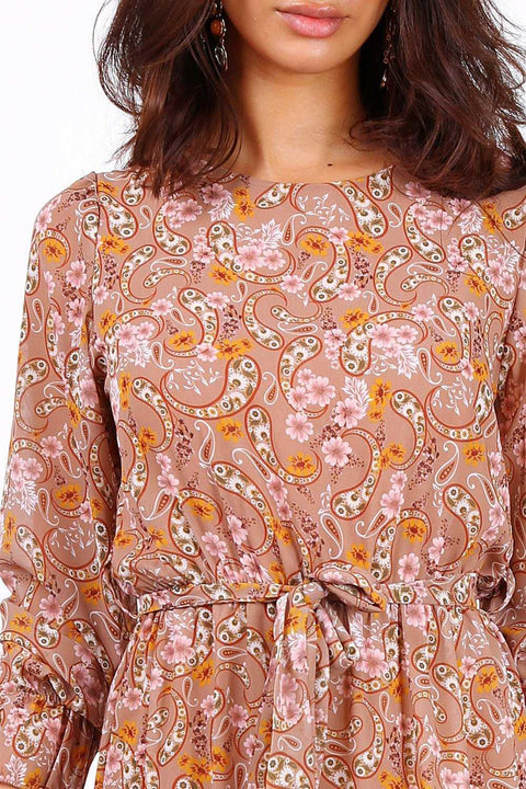 Camel Long Sleeve Mini Dress In Chiffon Paisley Print - Lilura London