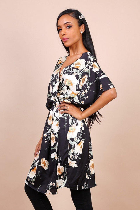 Kimono Sleeve Cross Front Dress In Black Floral Print - Lilura London