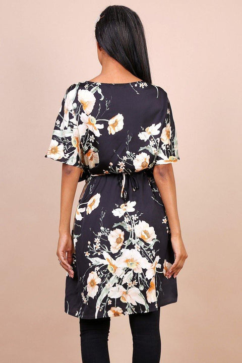 Kimono Sleeve Cross Front Dress In Black Floral Print - Lilura London