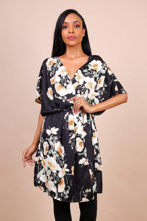 Kimono Sleeve Cross Front Dress In Black Floral Print - Lilura London