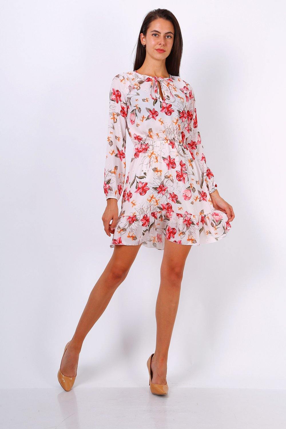 White Floral Print Tie Neck Shift Dress Lilura London
