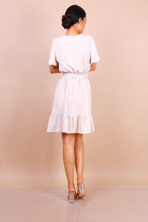 Wrap Front Angel Sleeve Mini Dress In Beige - Lilura London